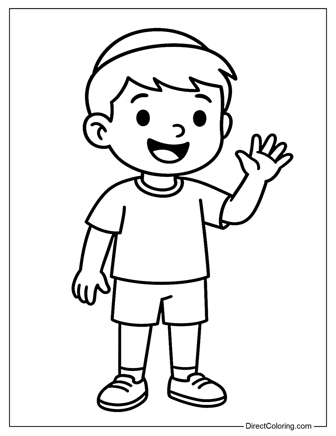 Coloring page of a boy wearing a kippah, smiling, waving.